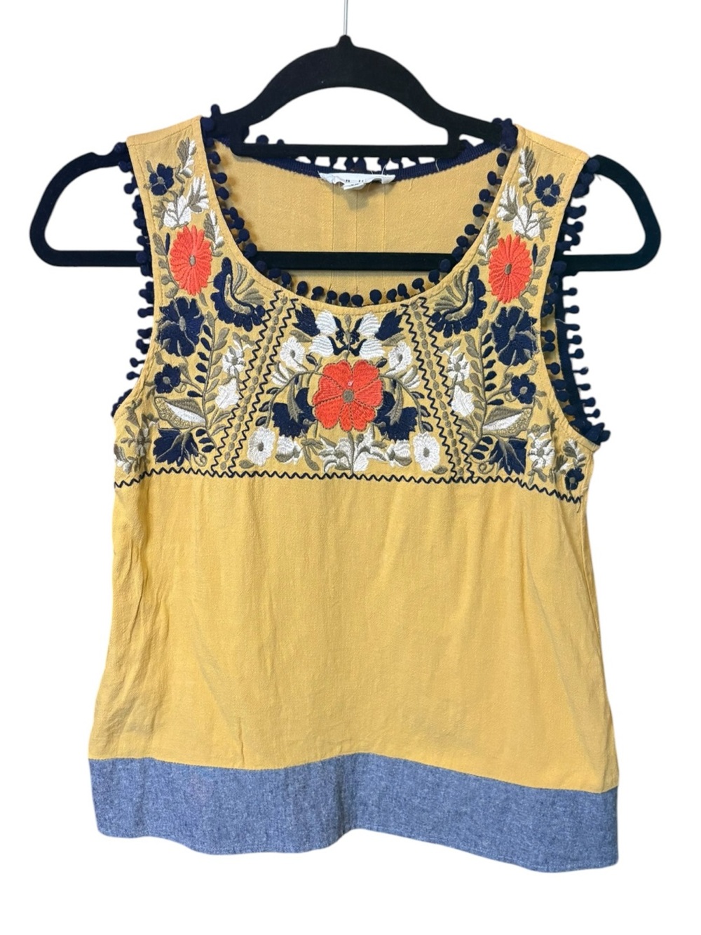 THML Embroidered Floral Pom Pom Tank Top Size Extra Small Mustard Linen Blend